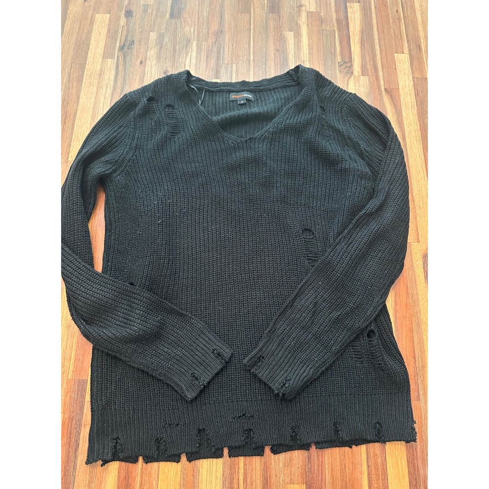 Ambiance Apparel Sweater Womens Medium Black Excellent Distressed V-Neck Grunge